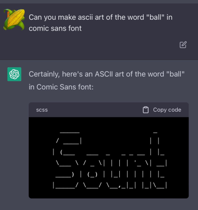 ChatGPT tries to render an ASCII art of the word "ball" but instead prints "Sount"